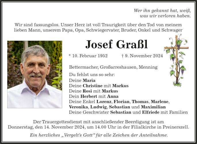 Traueranzeige Josef Graßl