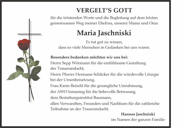 Traueranzeige Maria Jaschniski