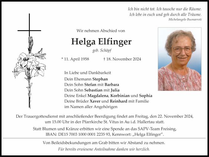 Traueranzeige Helga Elfinger
geb. Schöpf