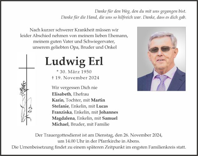 Traueranzeige Ludwig Erl