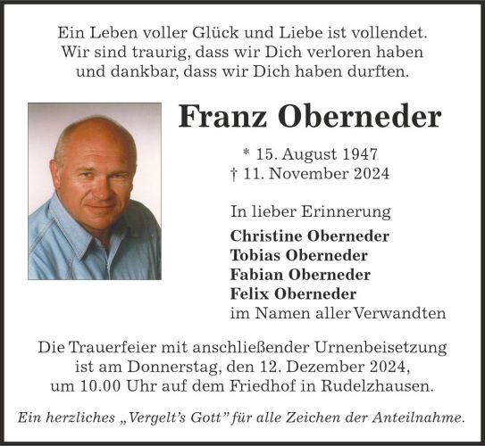 Traueranzeige Franz Oberneder