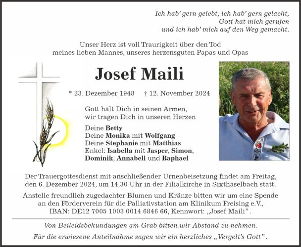 Traueranzeige Josef Maili