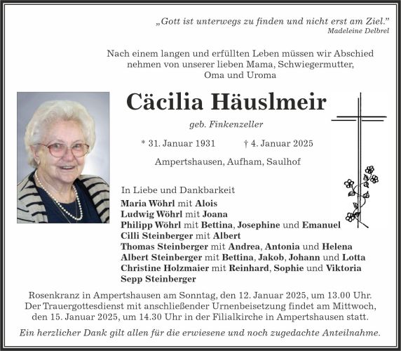 Traueranzeige Cäcilia Häuslmeir
geb. Finkenzeller