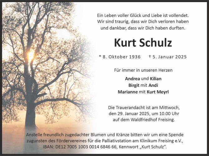 Traueranzeige Kurt Schulz