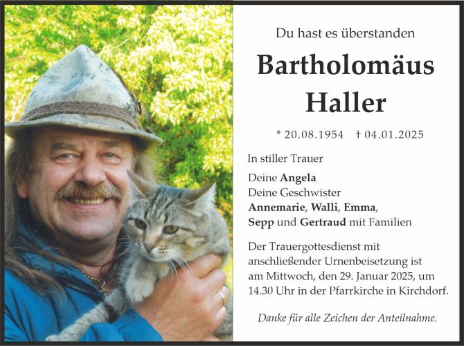 Traueranzeige Bartholomäus Haller