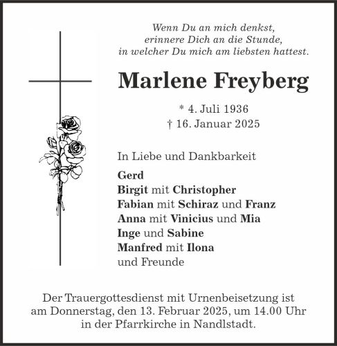 Traueranzeige Marlene Freyberg