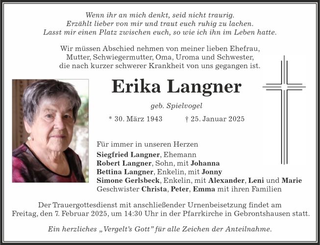Traueranzeige Erika Langner
geb. Spielvogel