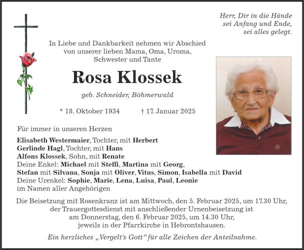 Traueranzeige Rosa Klossek
geb. Schneider