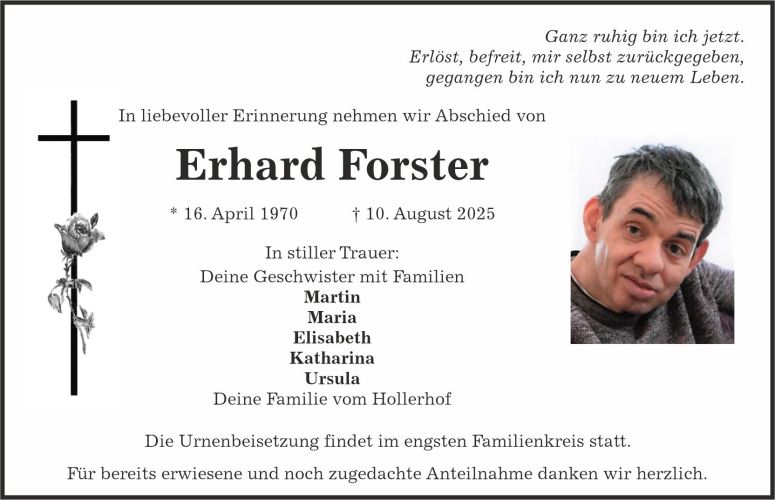 Traueranzeige Erhard Forster