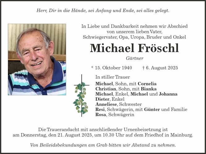 Traueranzeige Michael Fröschl