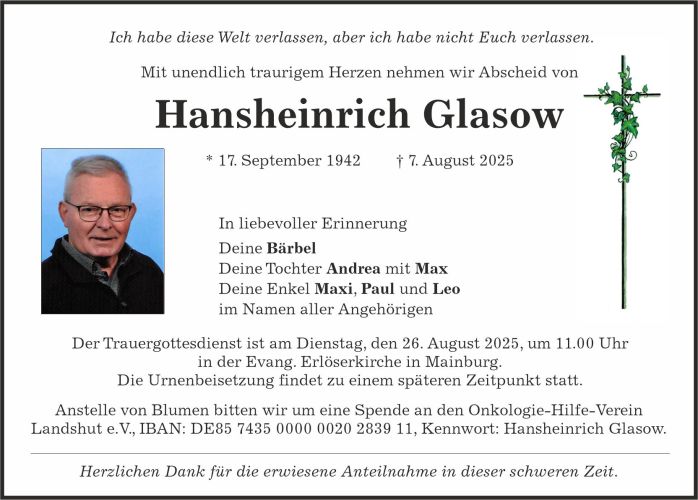 Traueranzeige Hansheinrich Glasow