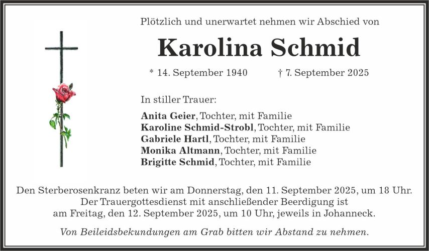 Traueranzeige Karolina Schmid