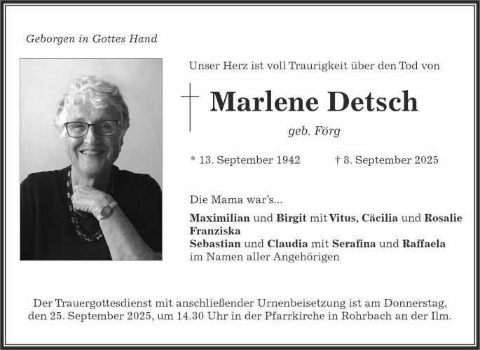 Traueranzeige Marlene Detsch
geb. Förg