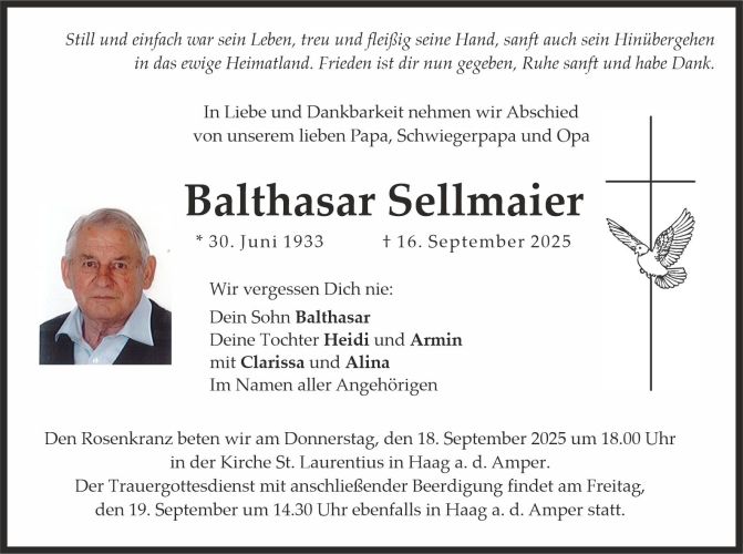 Traueranzeige Balthasar Sellmaier