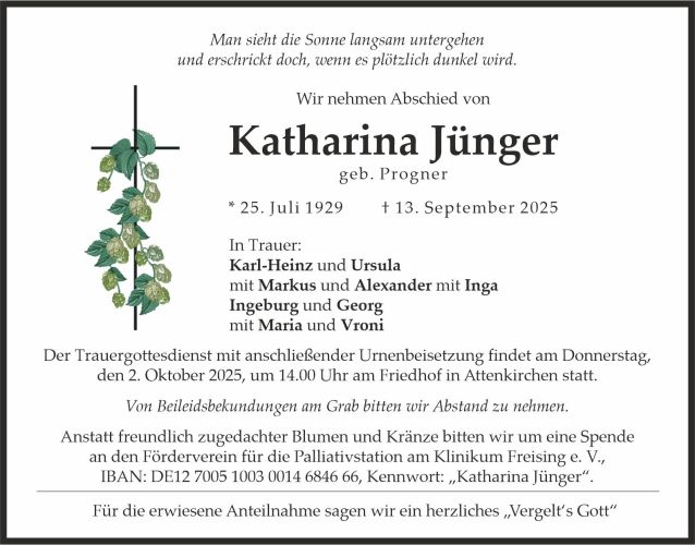 Traueranzeige Katharina Jünger
geb. Progner