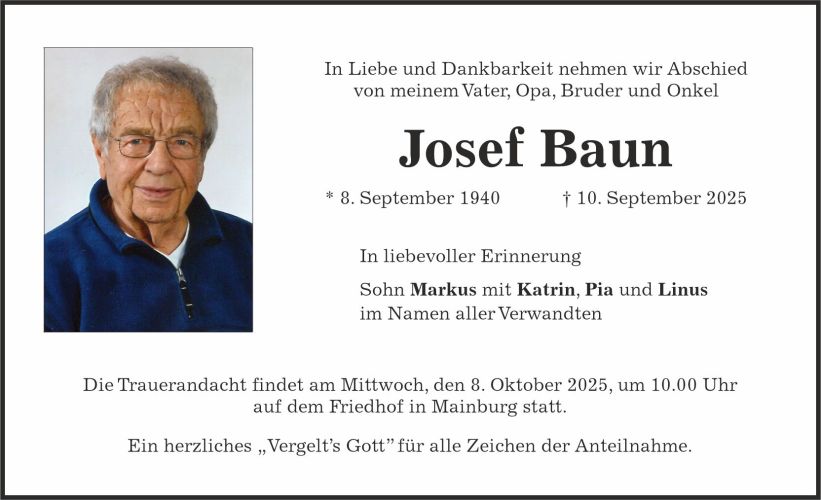 Traueranzeige Josef Baun