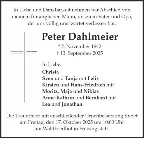 Traueranzeige Peter Dahlmeier