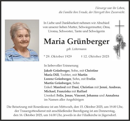Traueranzeige Maria Grünberger, geb. Leitermann