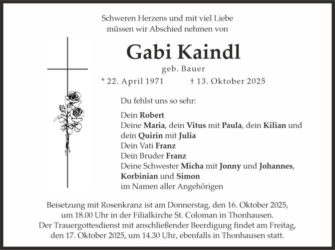 Traueranzeige Gabi Kaindl
geb. Bauer