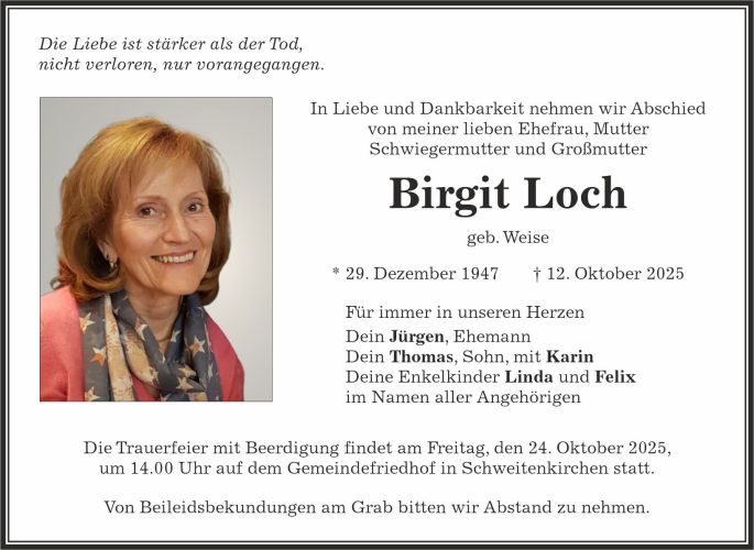 Traueranzeige Birgit Loch
geb. Weise