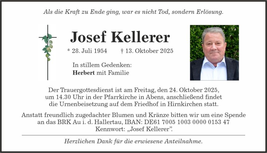 Traueranzeige Josef Kellerer