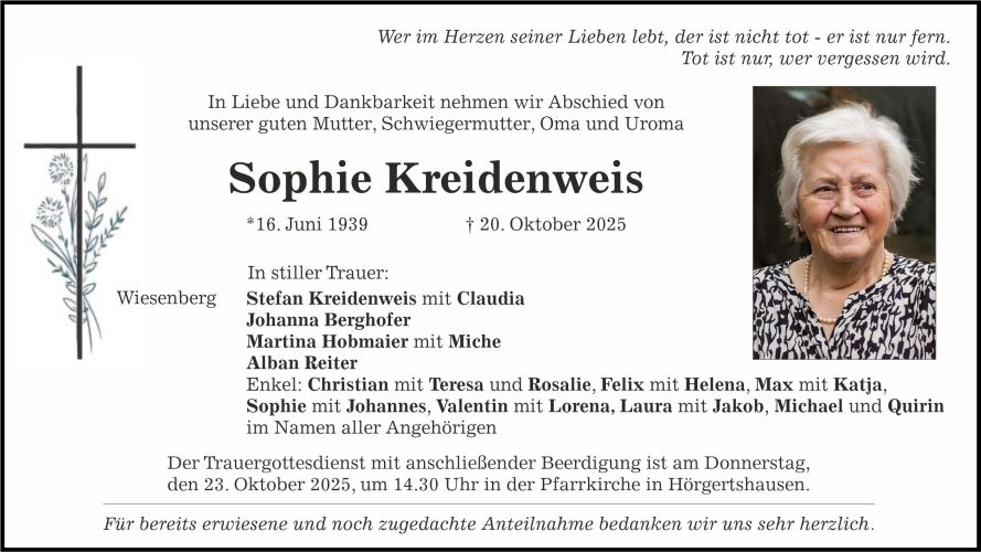 Traueranzeige Sophie Kreidenweis