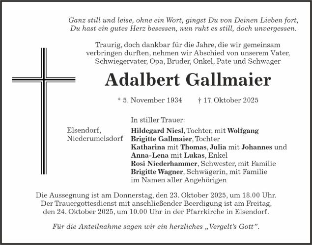 Traueranzeige Adalbert Gallmaier