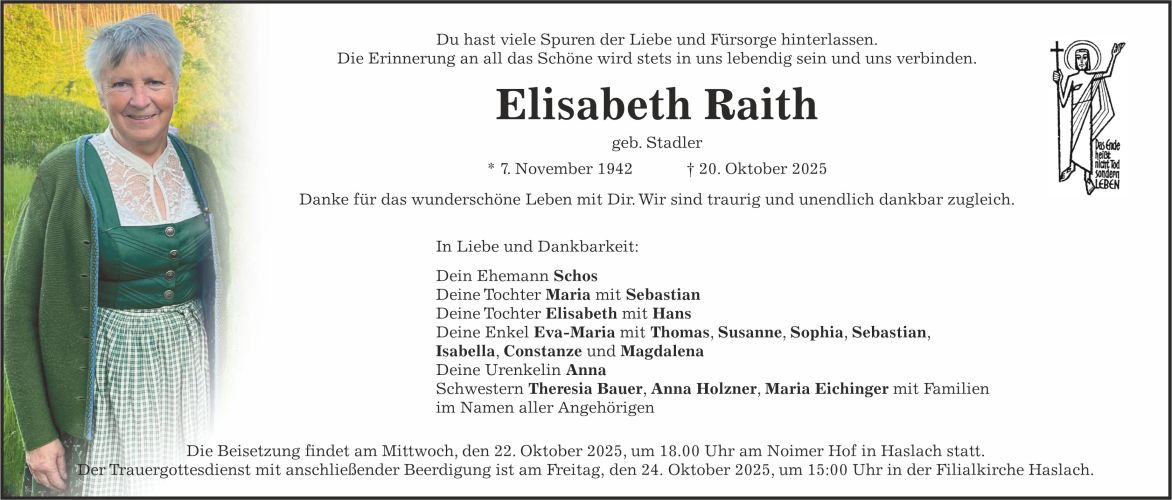 Traueranzeige Elisabeth Raith
geb. Stadler