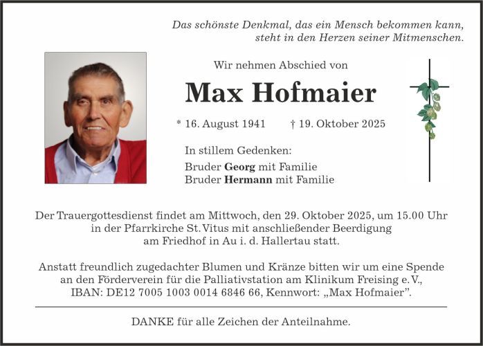 Traueranzeige Max Hofmaier