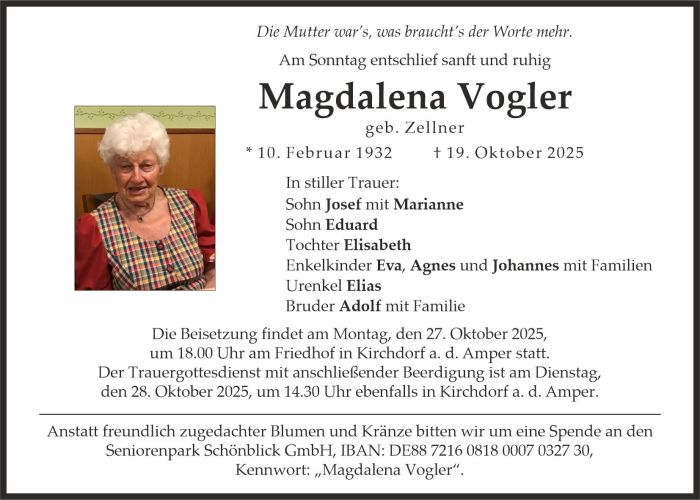 Traueranzeige Magdalena Vogler
geb. Zellner
