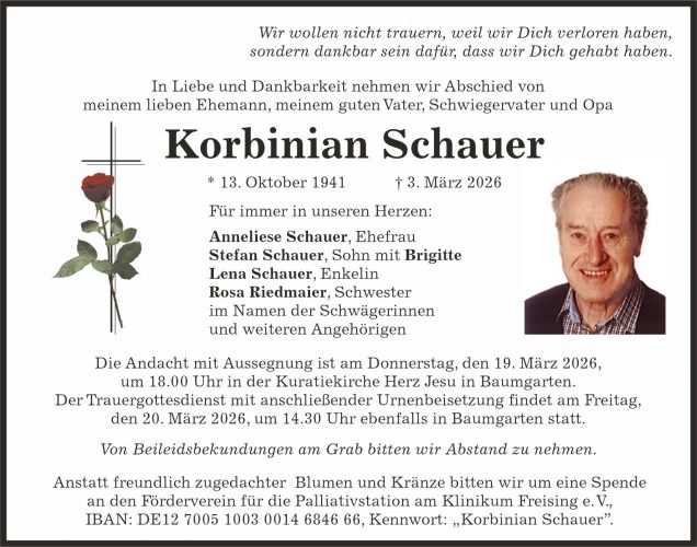 Traueranzeige Korbinian Schauer
