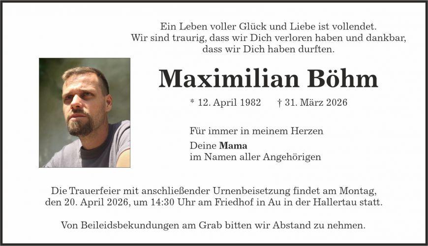 Traueranzeige Maximilian Böhm