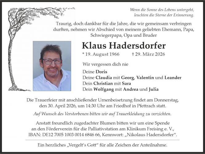 Traueranzeige Klaus Hadersdorfer
