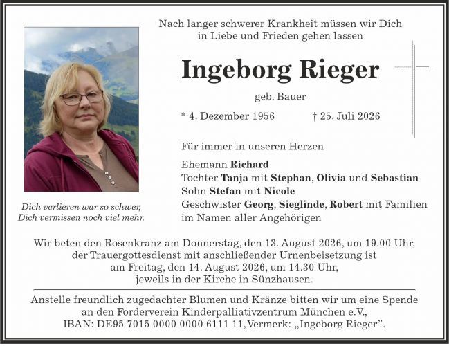 Traueranzeige Ingeborg Rieger, geb. Bauer