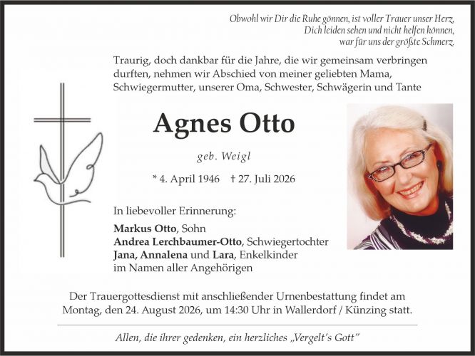 Traueranzeige Agnes Otto, geb. Weigl