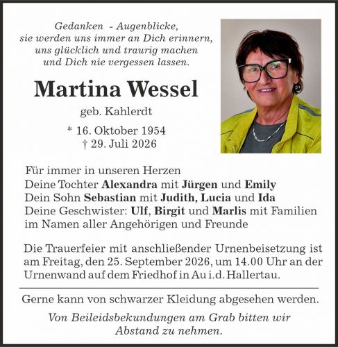 Traueranzeige Martina Wessel, geb. Kahlerdt