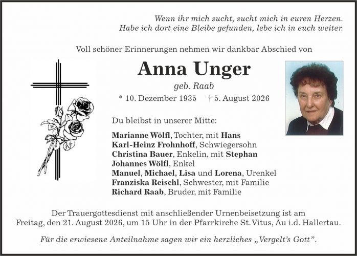 Traueranzeige Anna Unger, geb. Raab