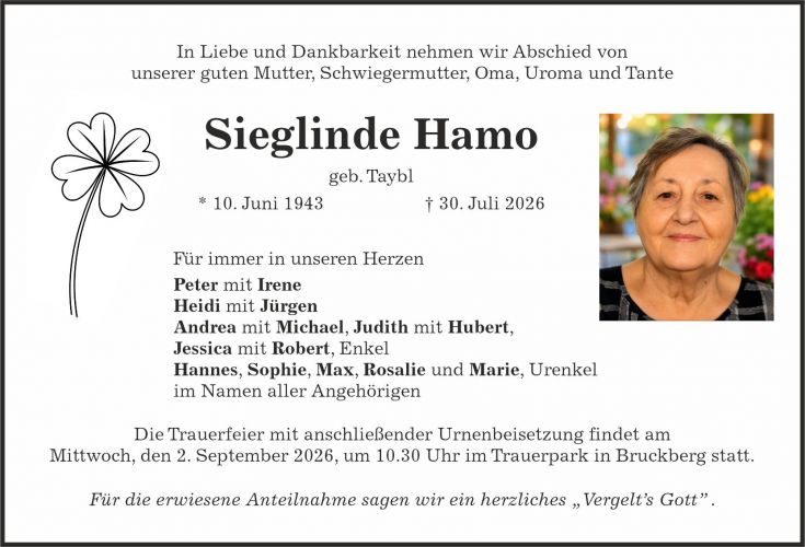 Traueranzeige Sieglinde Hamo, geb. Taybl