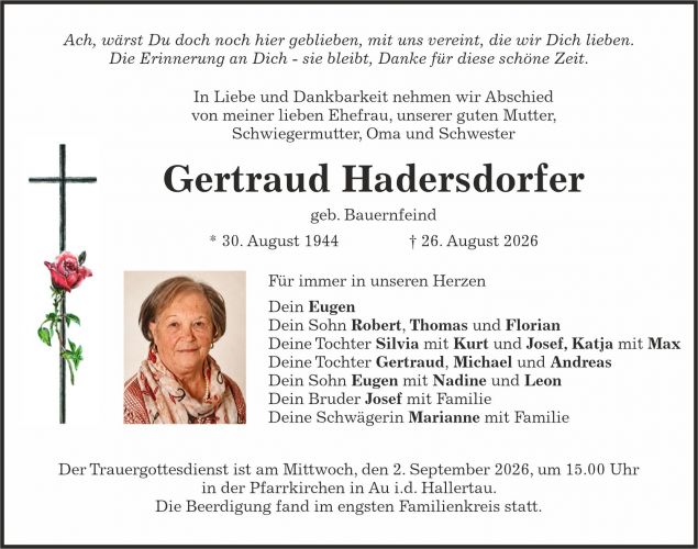 Traueranzeige Gertraud Hadersdorfer, geb. Bauernfeind