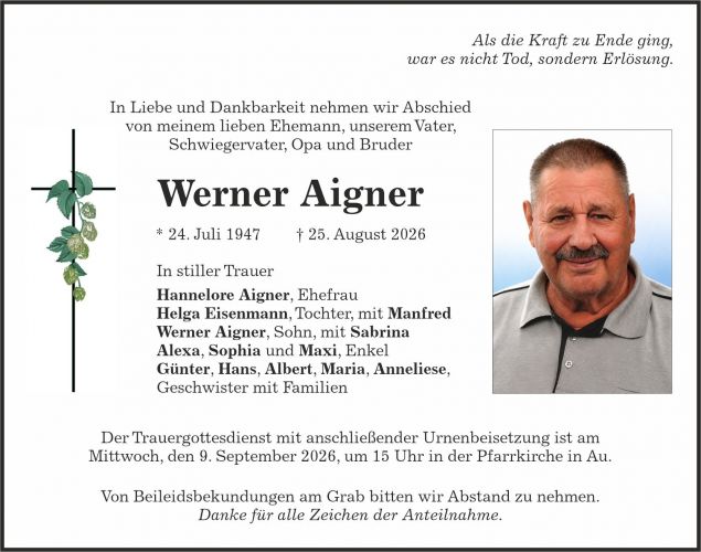 Traueranzeige Werner Aigner