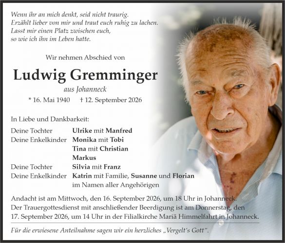 Traueranzeige Ludwig Gremminger