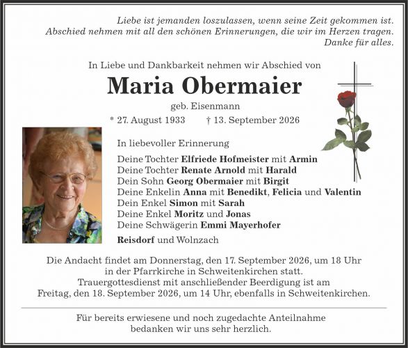 Traueranzeige Maria Obermaier, geb. Eisenmann
