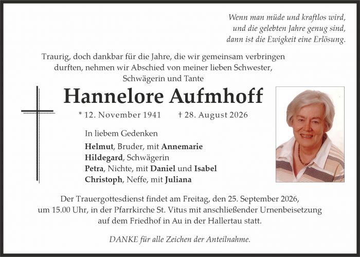 Traueranzeige Hannelore Aufmhoff