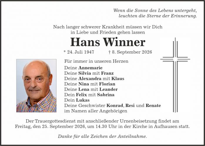 Traueranzeige Hans Winner