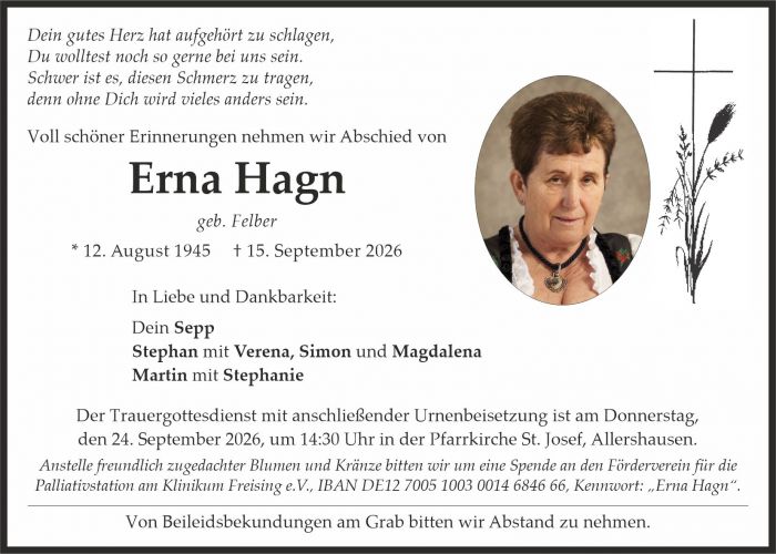 Traueranzeige Erna Hagn, geb. Felber