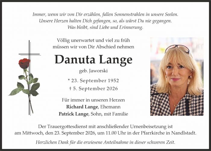 Traueranzeige Danuta Lange, geb. Jaworski