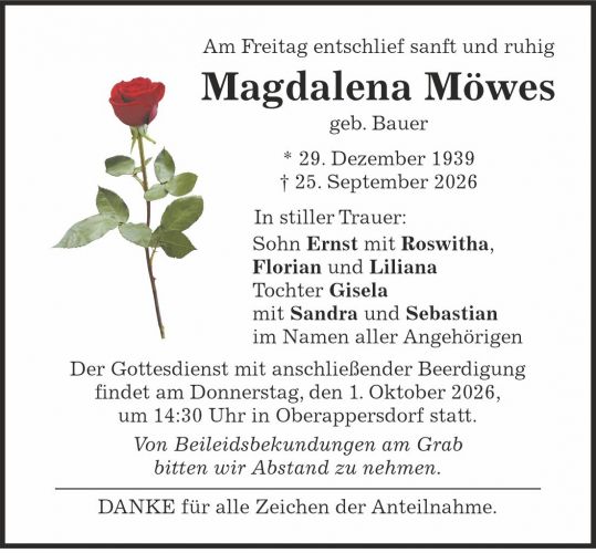 Traueranzeige Magdalena Möwes
geb. Bauer