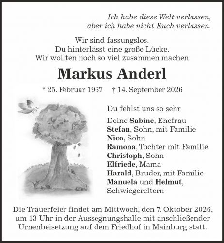 Traueranzeige Markus Anderl