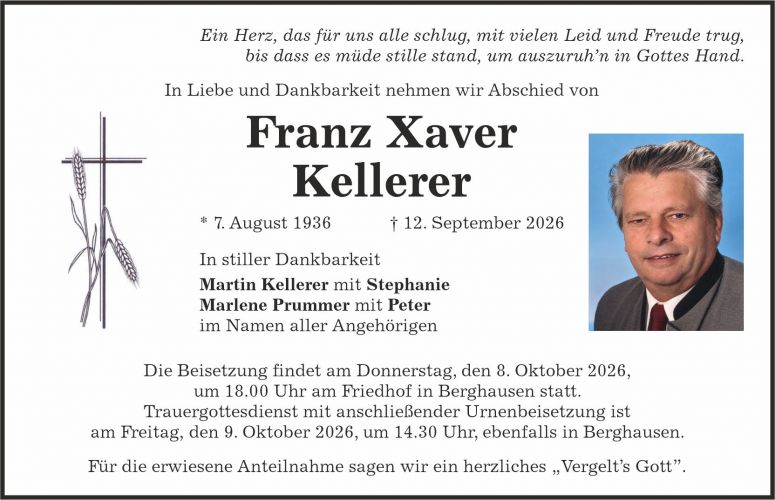 Traueranzeige Franz Xaver Kellerer