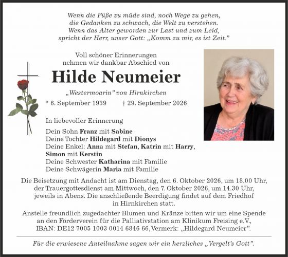 Traueranzeige Hilde Neumeier, „Westermoarin” von Hirnkirchen